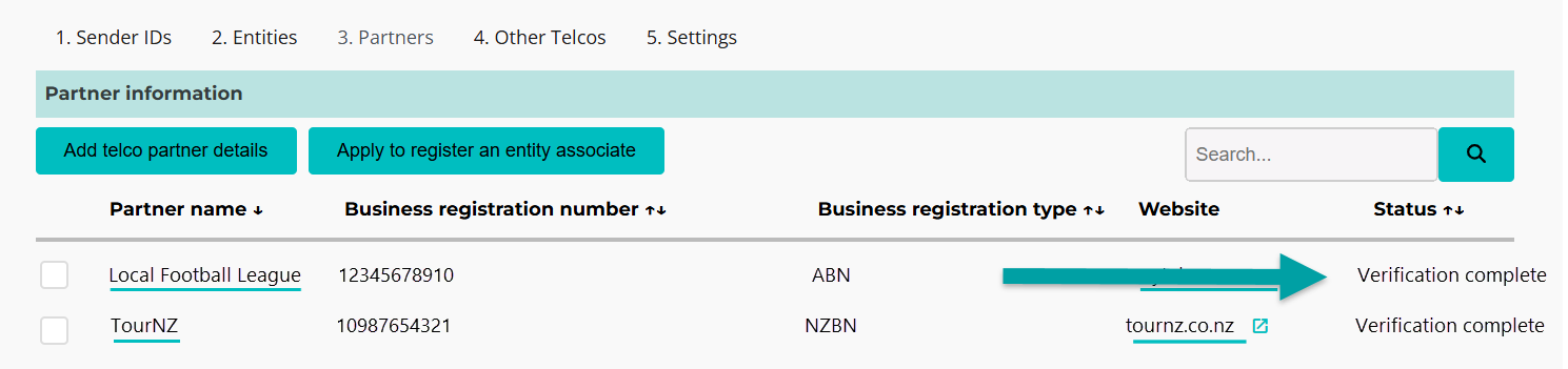 A screenshot of the partner is with an arrow pointing to the status 'verification complete'