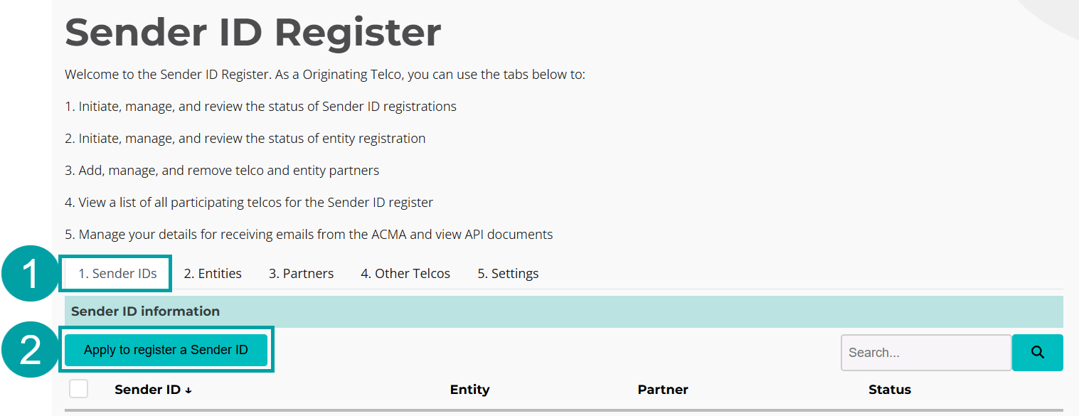 A screenshot of the SMS Sender ID Register with the Sender ID tab highlighted and numbered 1 and the apply to register a Sender ID button highlighted and numbered 2.