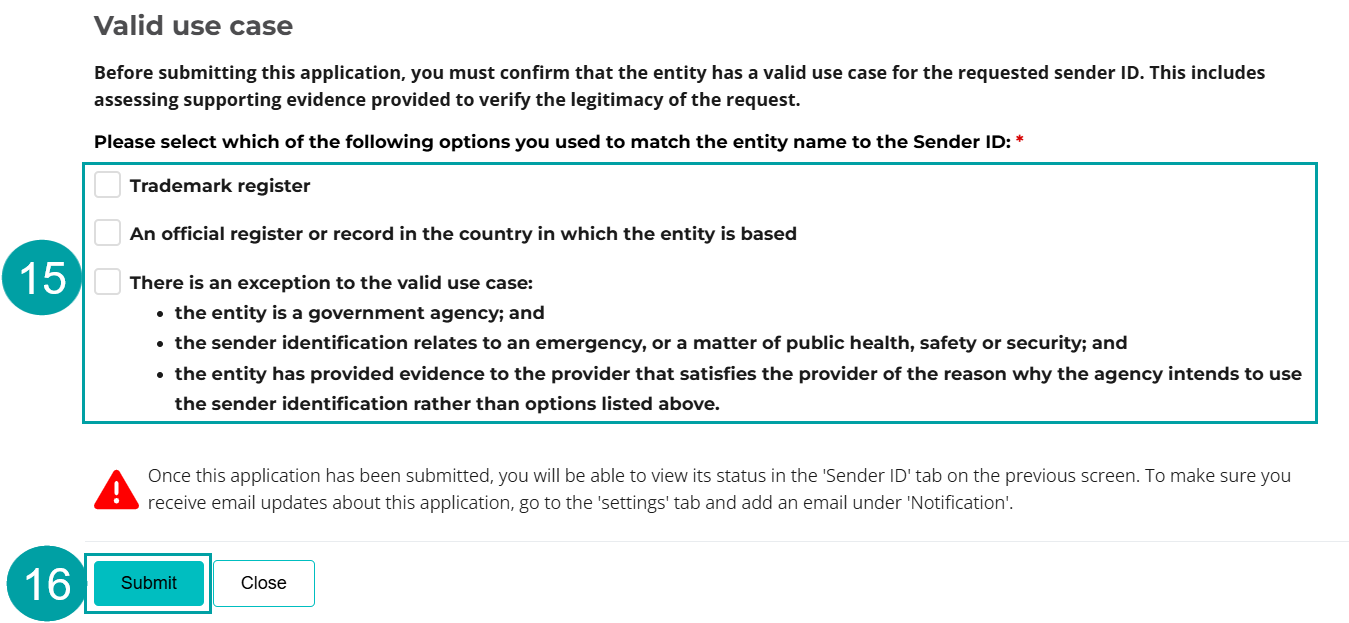 A screenshot of the valid use case question with the checkboxes numbered 15 and the submit button numbered 16.