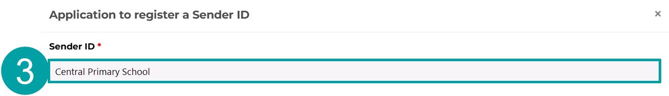 A screenshot of the sender ID field in the apply to register a sender ID form. The Sender ID field is numbered 3