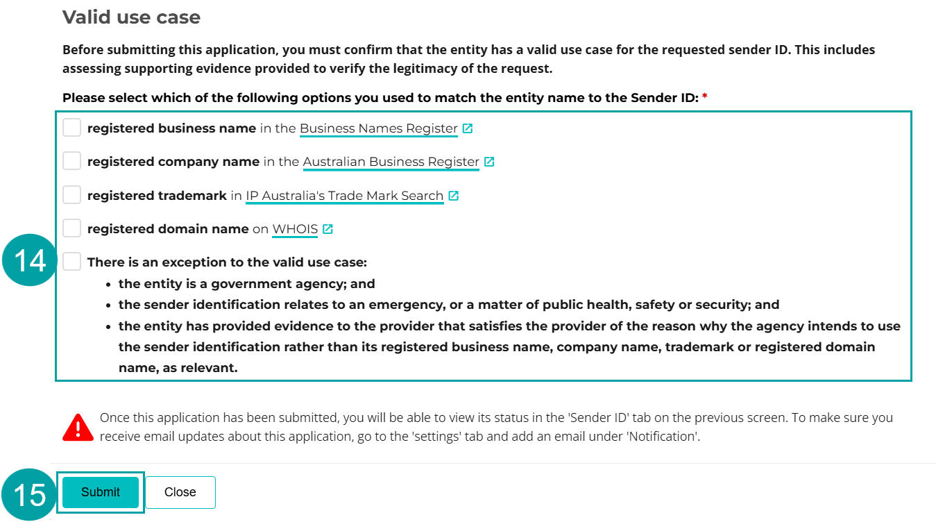 A screenshot of the valid use case question with the checkboxes numbered 14 and the submit button numbered 15.