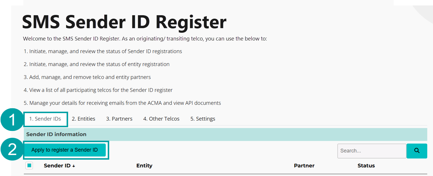 A screenshot of the SMS Sender ID Register with the Sender ID tab highlighted and numbered 1 and the apply to register a Sender ID button highlighted and numbered 2.