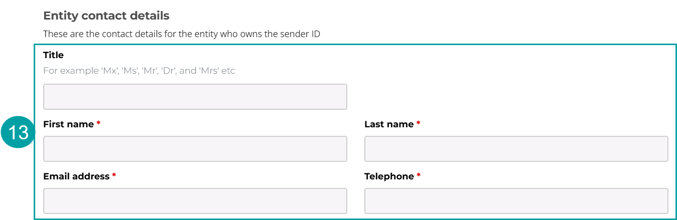 A screenshot of the entity contact details section of the register an entity associate form. The contact details fields are highlighted and numbered 13.