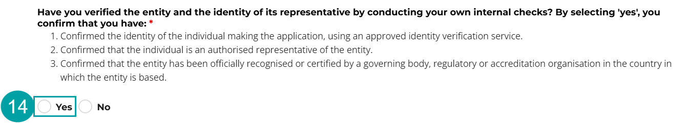 A screenshot of the internal checks question with the yes checkbox numbered 14