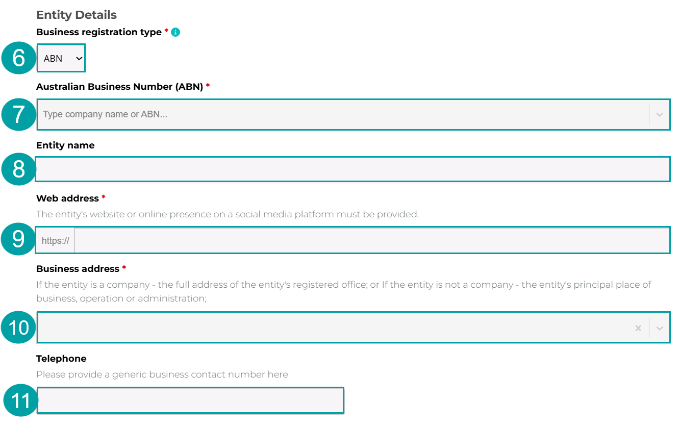 A screenshot of the entity details for with abn selected in the business registration type field and numbered 6, the abn field numbered 7, the entity name field numbered 8, the web address field numbered 9, the business address field numbered 10 and the telephone field numbered 11.