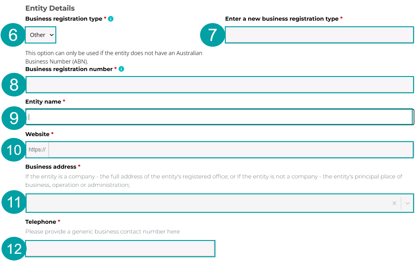 A screenshot of the entity details for with other selected in the business registration type field and numbered 6, the new business registration type field numbered 7, the business registration number field numbered 8, the entity name field numbered 9, the web address field numbered 10, the business address field numbered 11 and the telephone field numbered 12.