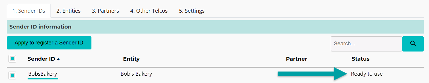 A screenshot of the sender ID tab with an arrow pointing to the status column.