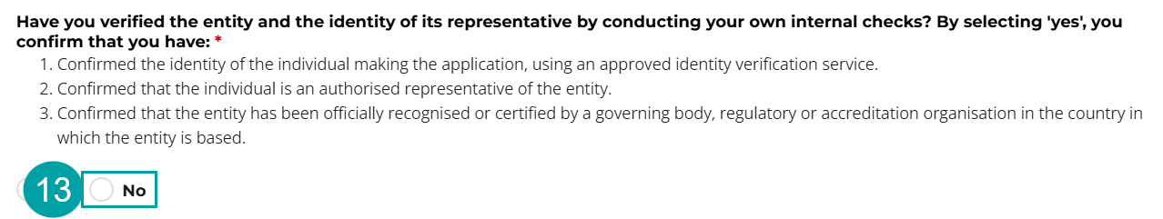 A screenshot of the internal checks question with the no checkbox numbered 13