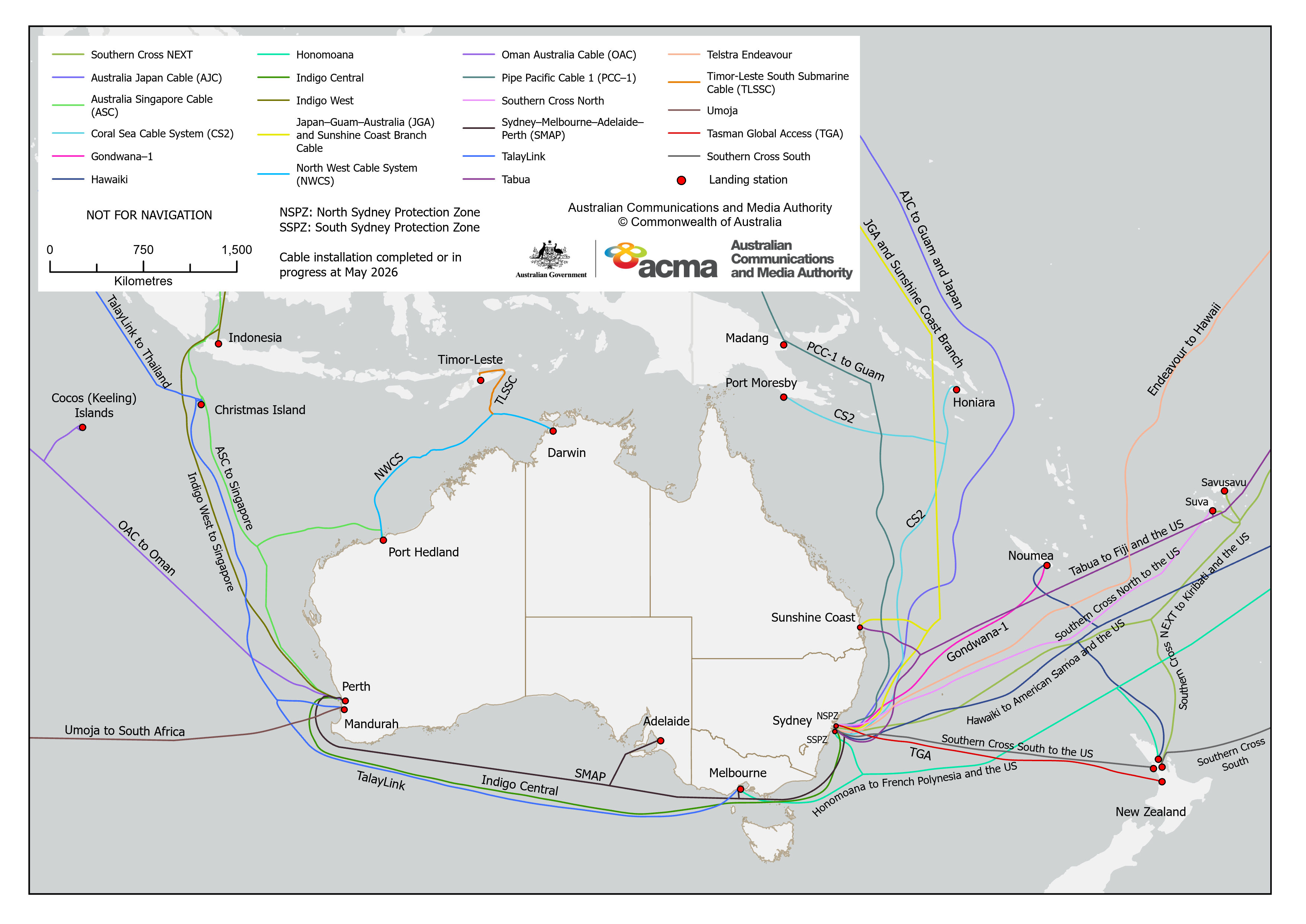 Map of submarine cables landing in Australia