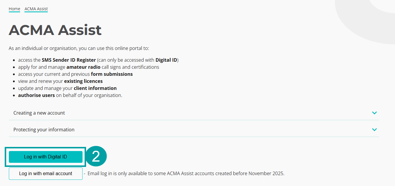 ACMA Assist log in page with 'Log in with Digital ID' highlighted and numbered 2