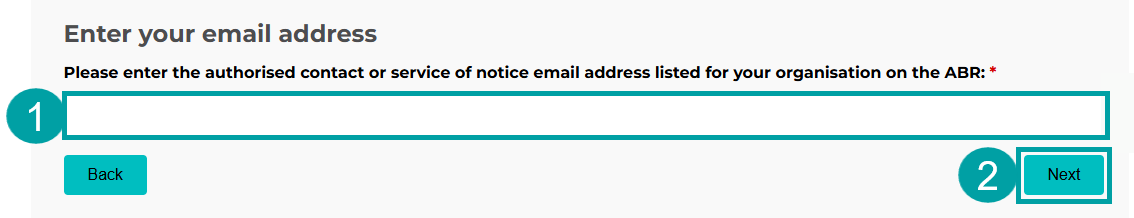 Enter your email screen with the textbox highlighted and labelled 1 and the next button highlighted and labelled 2