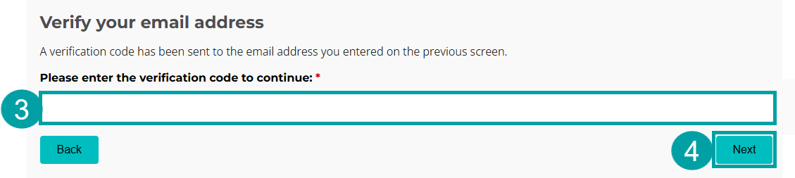 Confirm your email screen with the textbox highlighted and labelled 3 and the next button highlighted and labelled 4