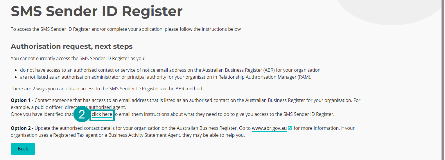Authorisation request, next steps screen with Click here highlighted and labelled 2