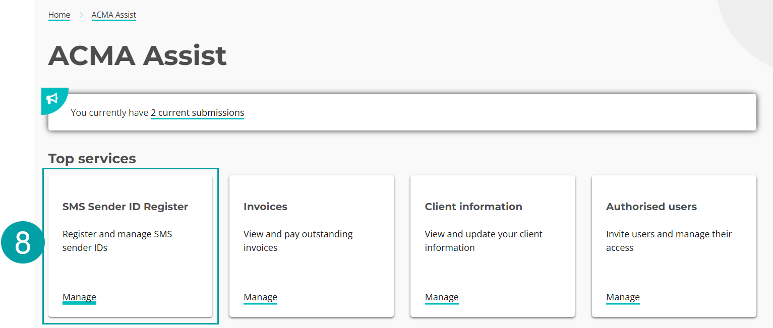 A screenshot of the ACMA Assist screen with the SMS Sender ID Register tile numbered 8
