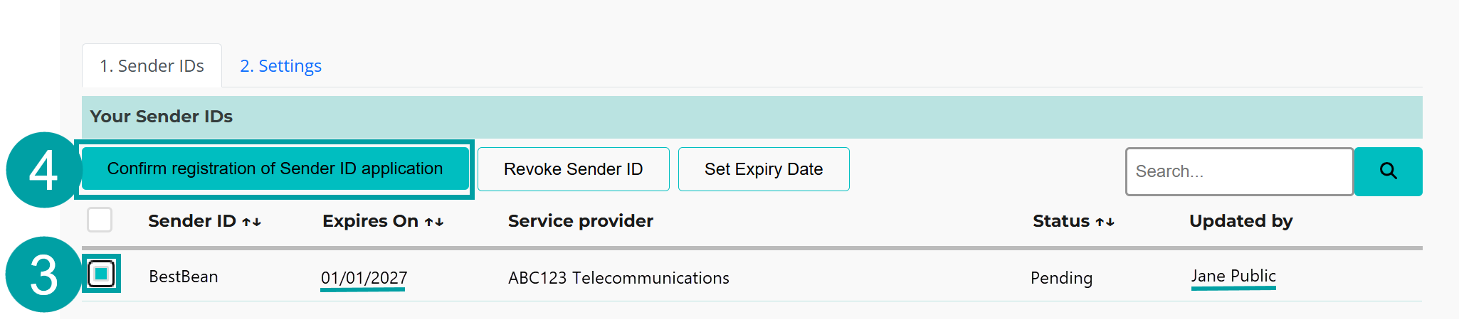 The sender ID screen with the checkbox next the a sender ID highlighted and labelled 3 and the confirm registration of Sender ID application button highlighted and labelled 4.