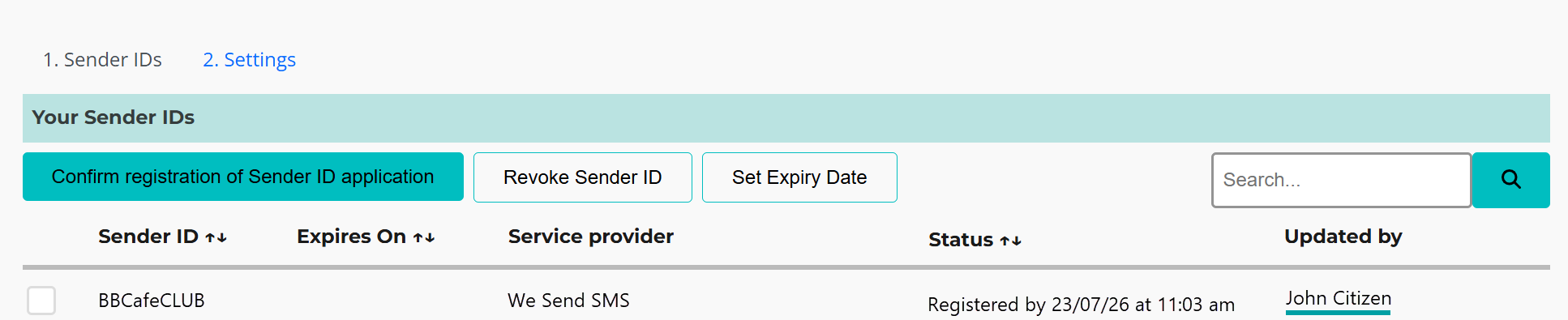 The sender ID screen with an arrow pointing to the status 