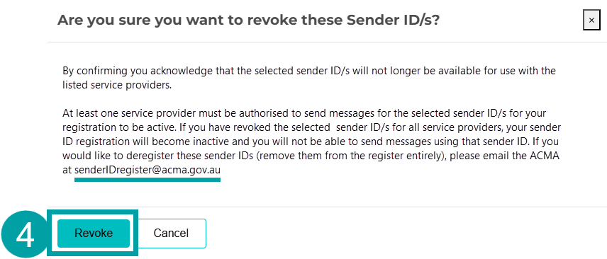 The are you sure you want to delete these Sender ID/s pop up with the Revoke button highlighted and labelled 4