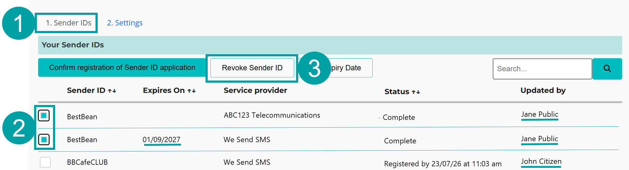 The Sender ID screen the tab is highlighted and labelled 1 the checkboxes are highlighted and labelled 2 and the revoke sender ID button in highlighted and labelled 3