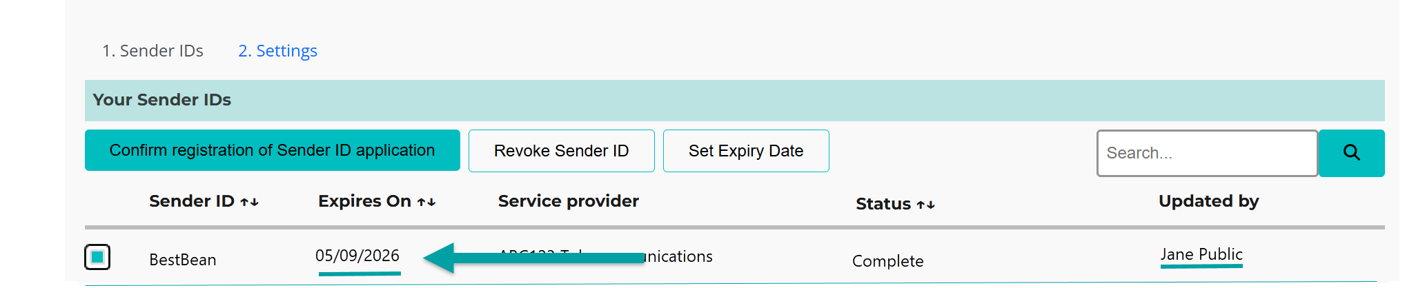 the sender ID screen with an arrow pointing to the expiry date