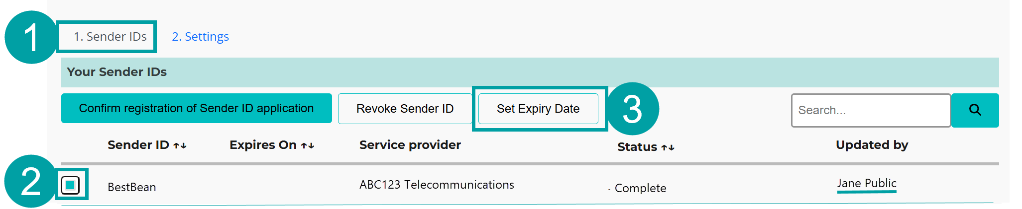 The Sender ID screen with the tab highlighted and labelled 1, the checkbox next to the Sender ID highlighted and labelled 2 and the Set Expiry date button highlighted and labelled 3