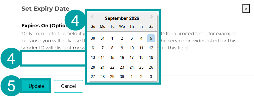 The set expiry date screen with the expires on and pop up calendar highlighted and labelled 4 and the update button highlighted and labelled 5
