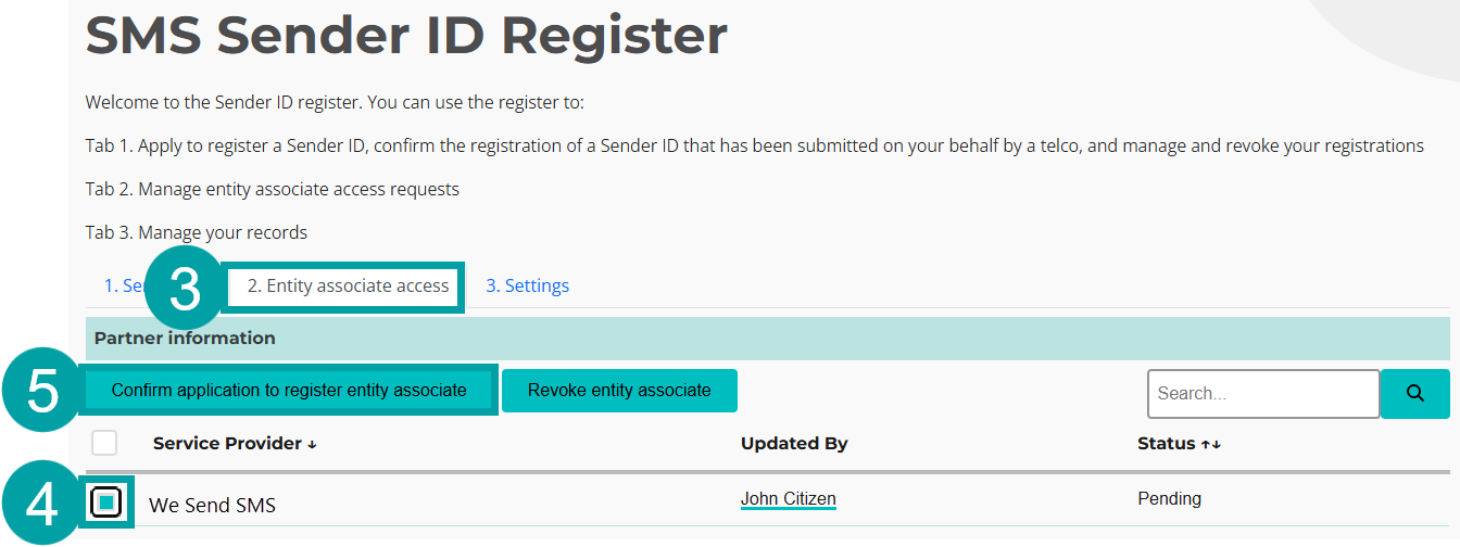 The entity associate scree with the tab highlighted and labelled 3 the checkbox next to the sender id highlighted and labelled 4 and the confirm application to register entity associate button highlighted and labelled 5