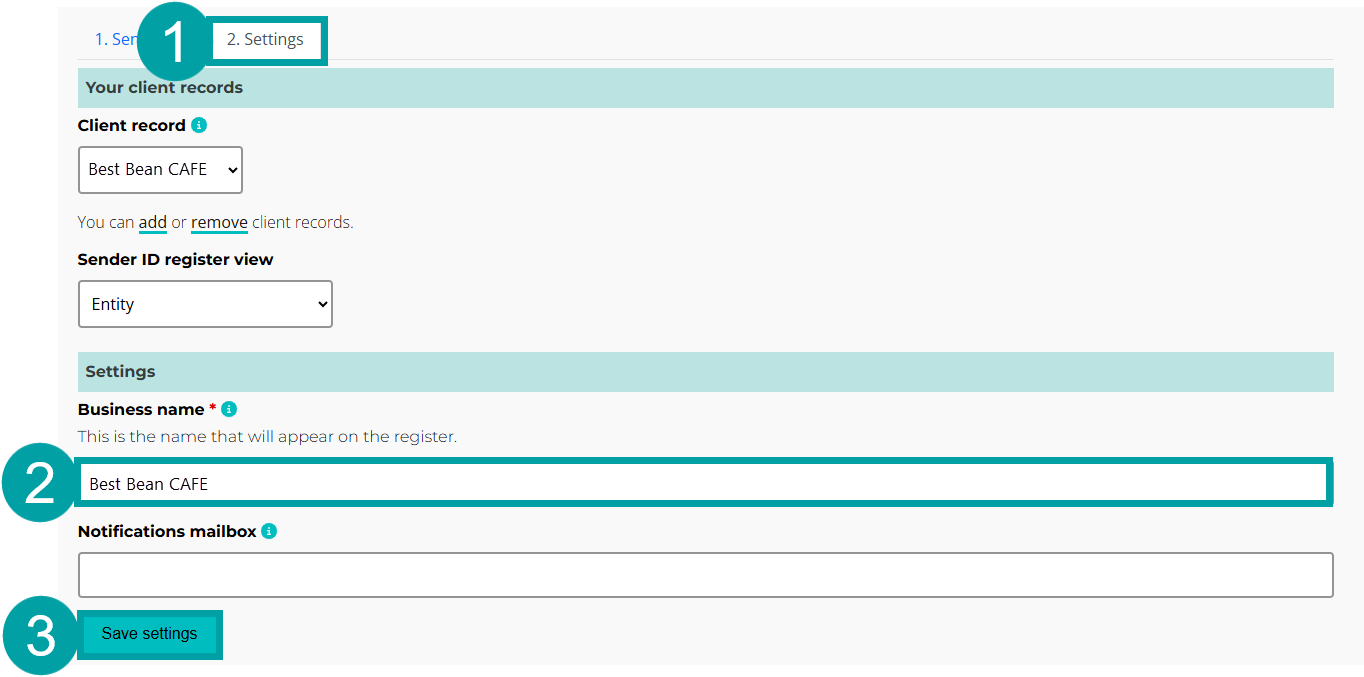 The settings tab with the tab highlighted and labelled 11, the business name highlighted and labelled 2 and the save settings button highlighted and labelled 3