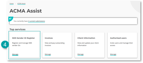 A screenshot of ACMA Assist with the sender ID tile numbered 4.