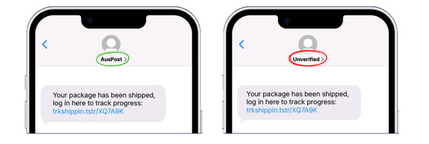 Graphic promoting Australia’s SMS Sender ID Register to maintain trusted SMS messages, urging registration by July 1, 2026. Two smartphone screens illustrate message examples: one with a green "AusPost" sender ID indicating verified sender, and another with a red "Unverified" label showing an untrusted sender, highlighting importance of sender ID verification.