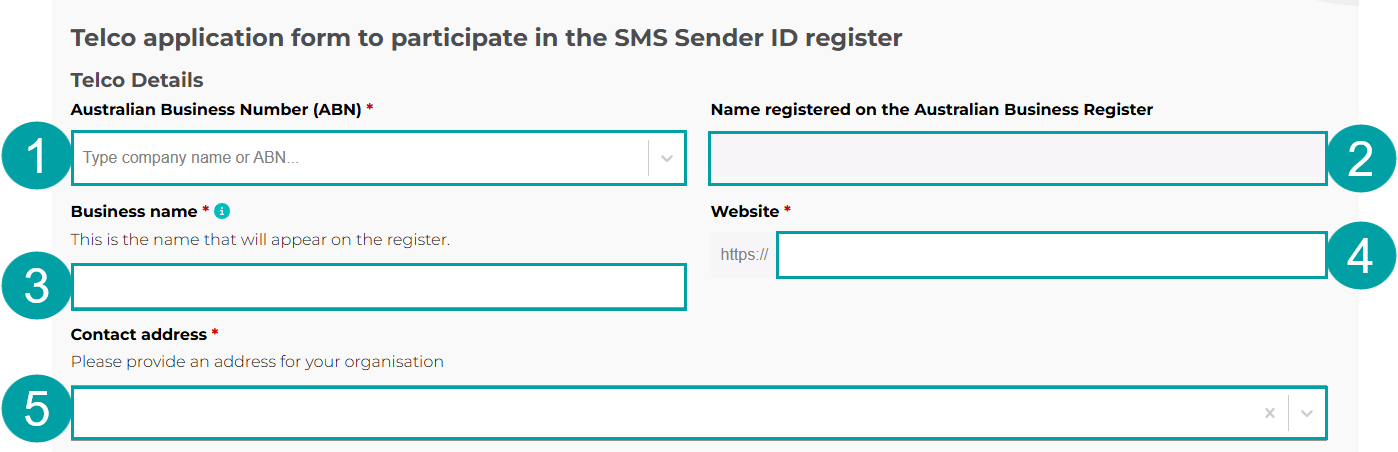Screenshot of a Telco application form to participate in the SMS Sender ID register, with the Australian Business Number field numbered 1, the Name registered on the Australian Business Register field numbered 2, the Business name field numbered 3, the Website field numbered 4 and the Contact address field numbered 5.