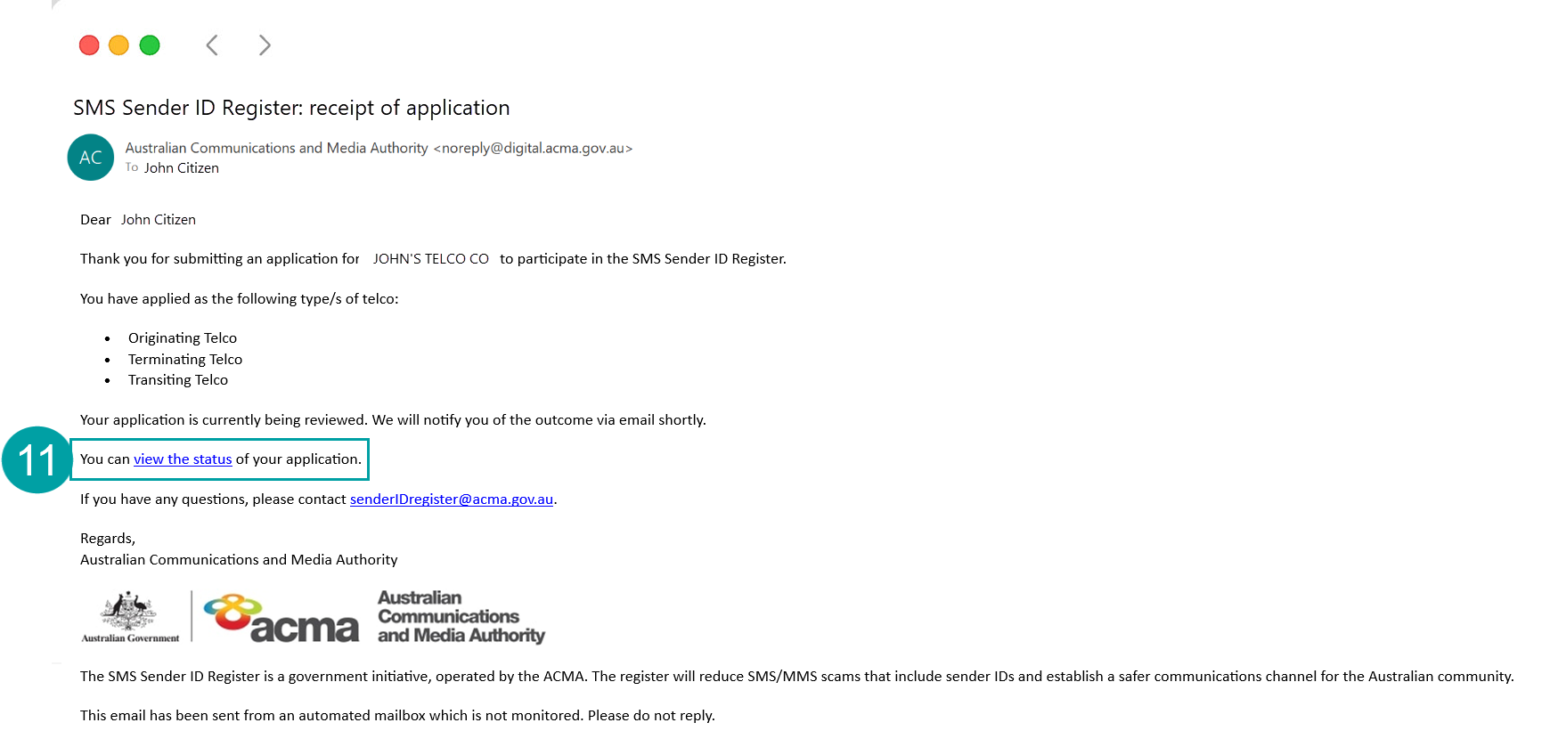A screenshot of the SMS Sender ID receipt of application email with the link to view the status of the application numbered 11. 