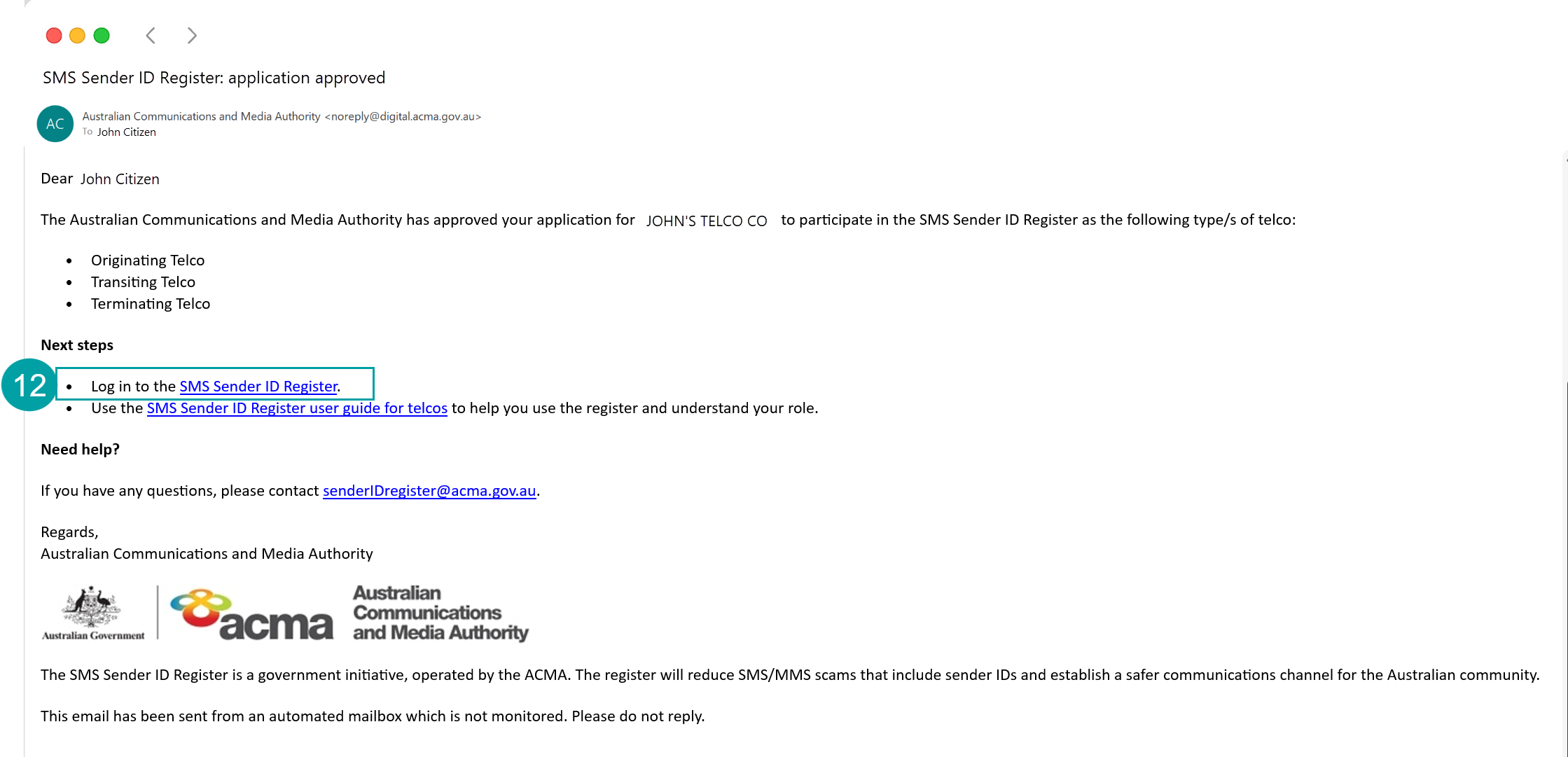 A screenshot of the SMS Sender ID application approved email with the link to log into the SMS Sender ID Register numbered 12.