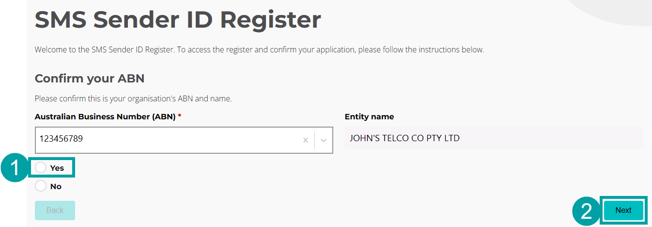 Screenshot of an SMS Sender ID Register form for confirming an organization's Australian Business Number (ABN) and entity name. The Yes radio button is numbered 1 and the Next button is numbered 2.