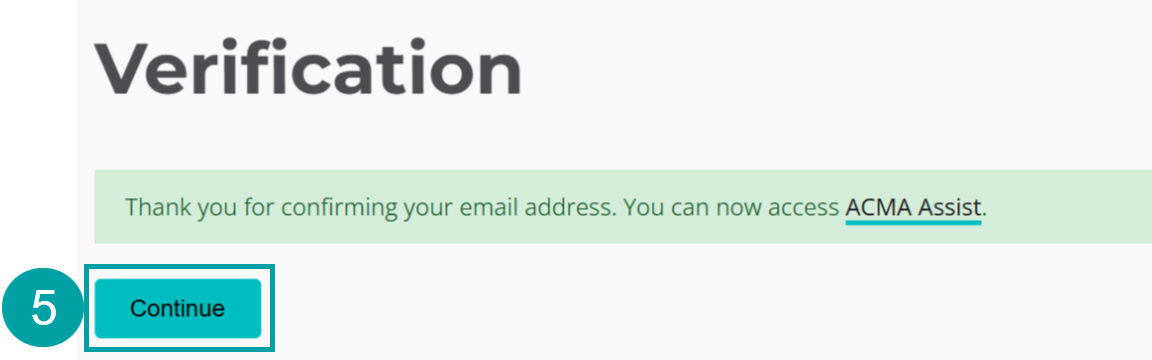 Screenshot of the verification screen. The Continue button is numbered 5.