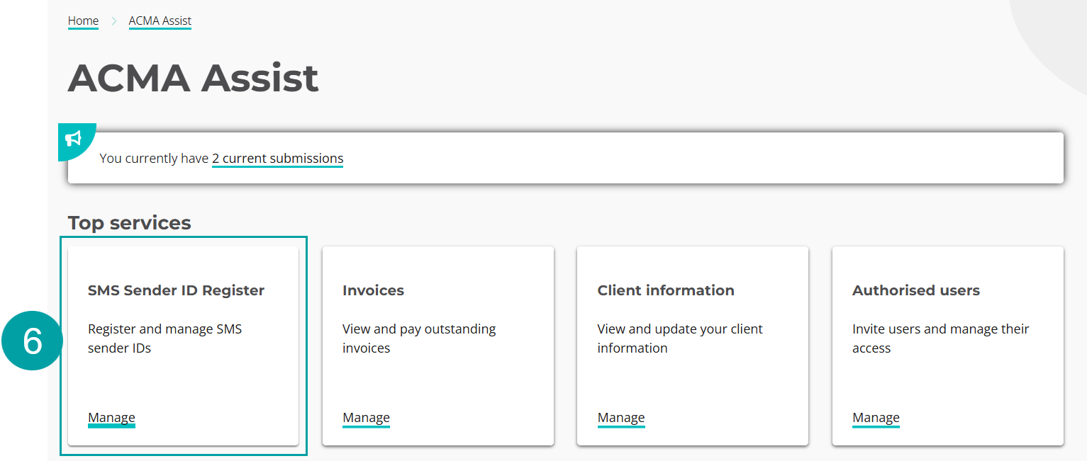 Screenshot of ACMA Assist home page with the SMS Sender ID tile numbered 6.