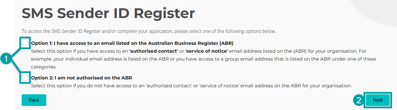 Screenshot of an SMS Sender ID Register form showing two options for access verification related to the Australian Business Register (ABR). Both options are numbered 1 and the Next button is numbered 2.