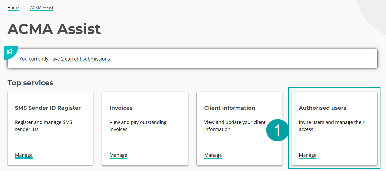 Screenshot of the ACMA Assist screen with the Authorised users tile numbered 1