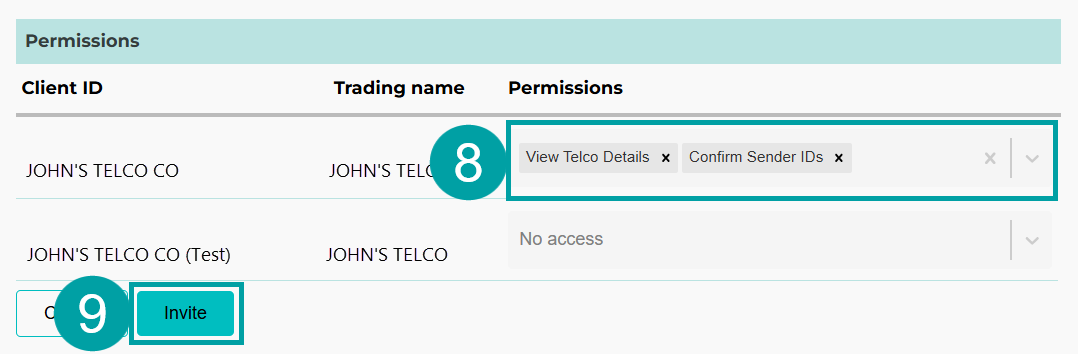 Screenshot of the permissions section of the invite new user form. The permissions field is numbered 8 and the invite button is numbered 9.