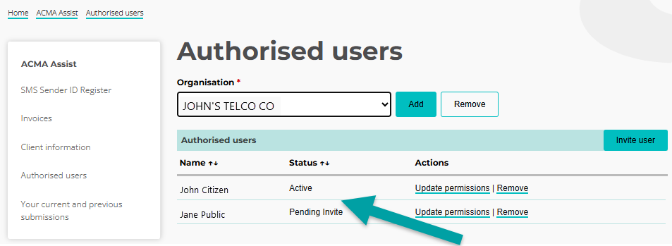 Screenshot of the authorised users screen with an arrow pointing to the status column.
