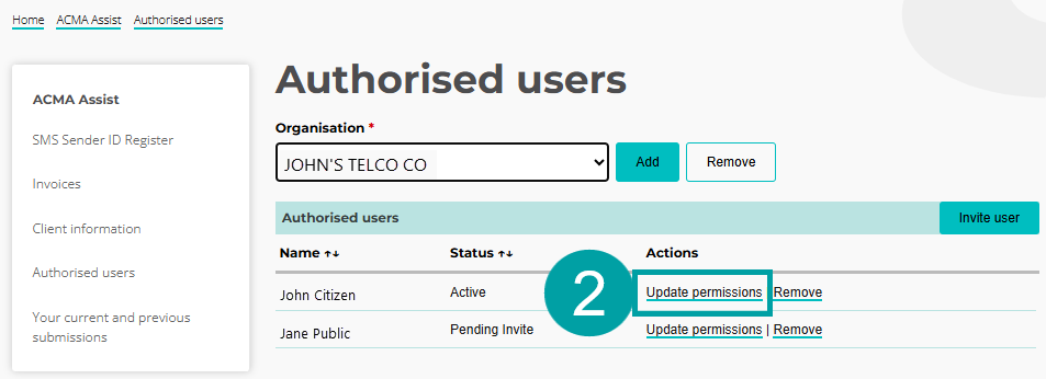 Screenshot of the authorised users screen with the update permission link numbered 2.