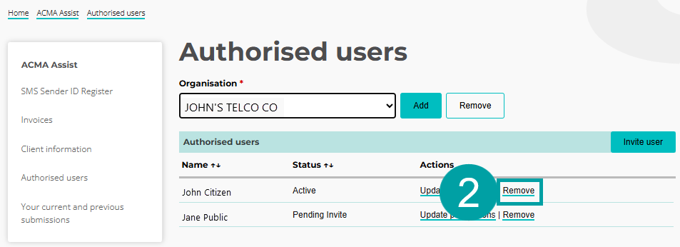 Screenshot of the authorised users screen with the remove link numbered 2.
