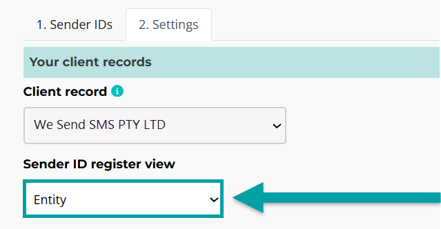 A screenshot showing the SMS Sender ID Register settings. The Sender ID register view field is set to entity and an arrow is pointing to it.