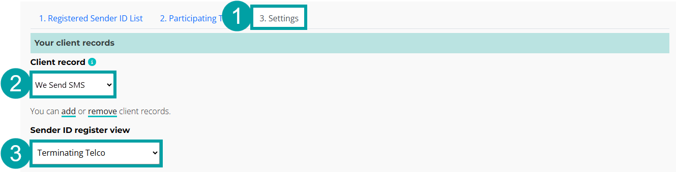 Screenshot of the SMS Sender ID Register view with the settings tab numbered 3, the client record field numbered 2 and the sender ID register view field numbered 3.