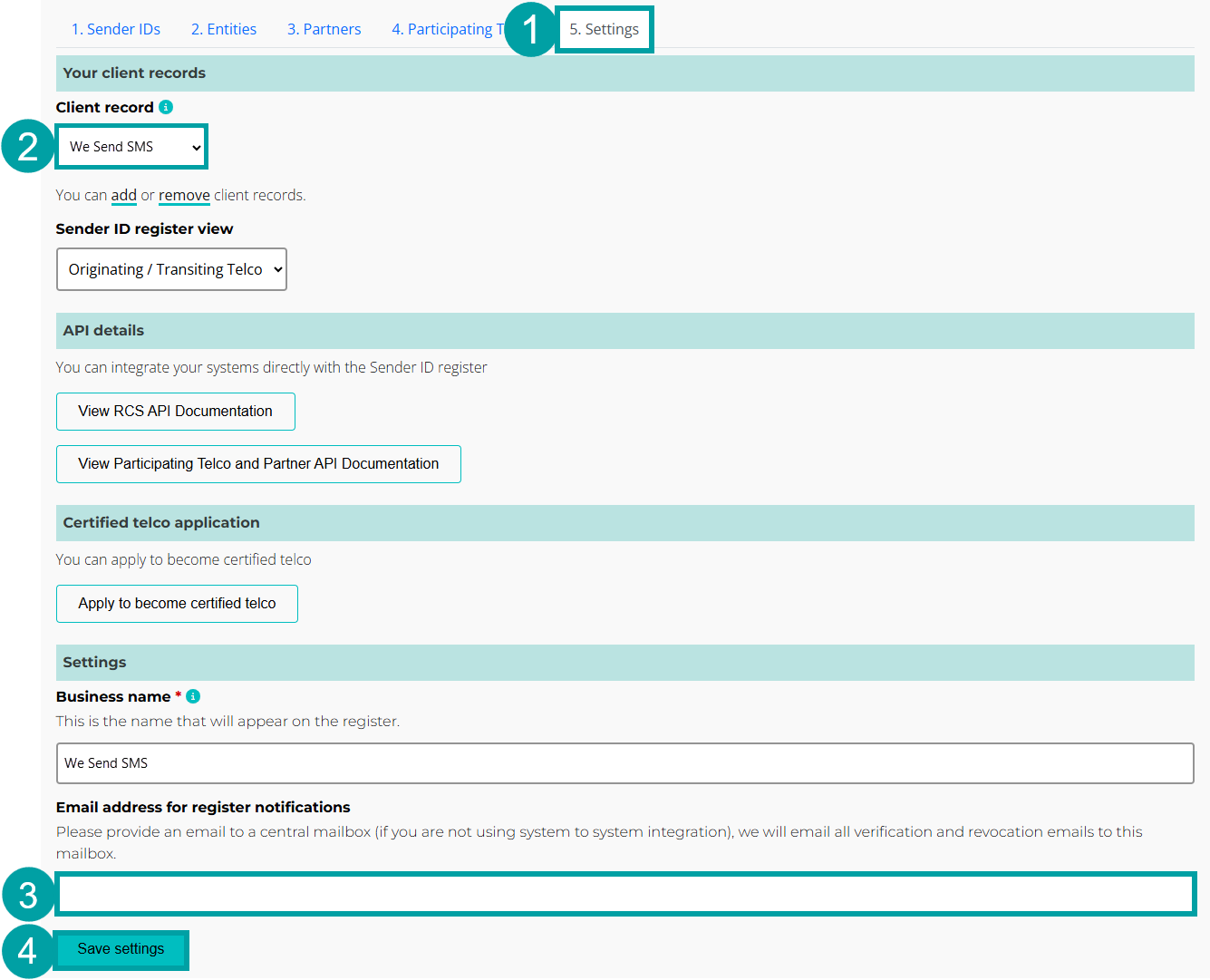 Screenshot of the register settings page numbered 1, the client record field numbered 2, the email address for registration notifications field numbered 3, and the save settings button numbered 4