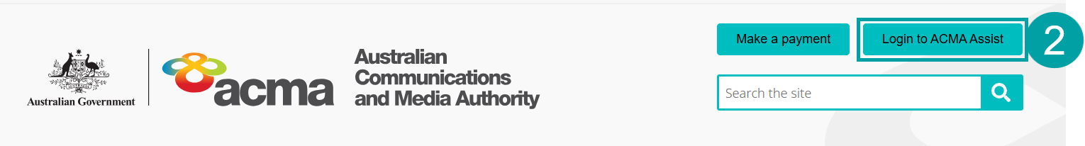 Screenshot of the ACMA website with the Login to ACMA Assist button numbered 2