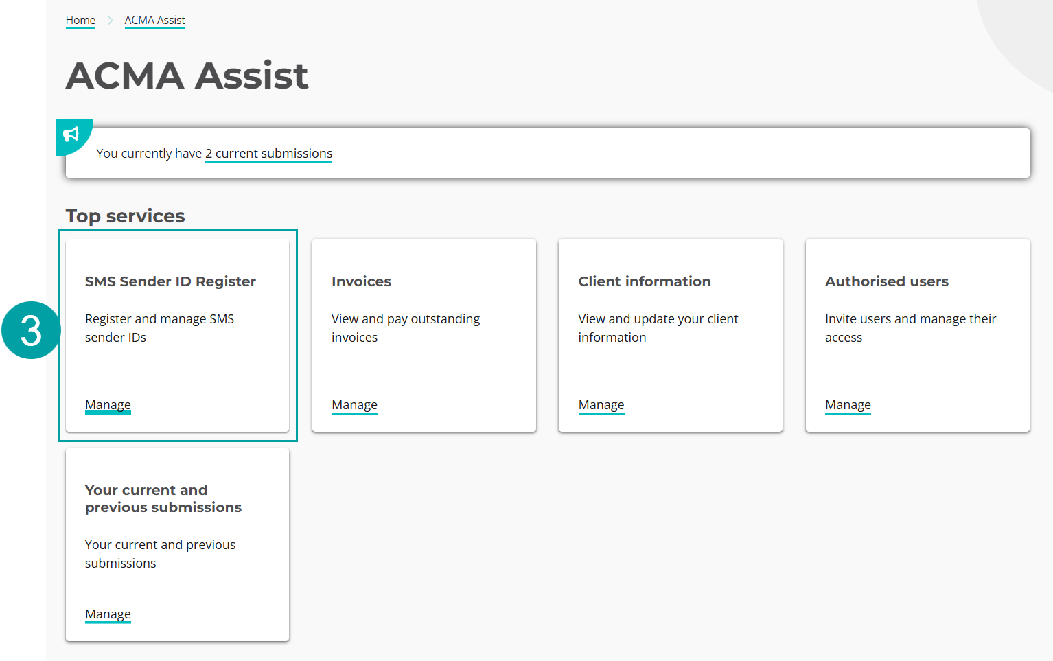 Screenshot of the ACMA Assist screen with the SMS Sender ID Register tile numbered 3.