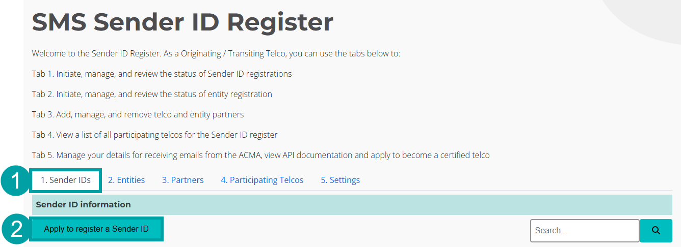 Screenshot of the SMS Sender ID Register screen with the Sender IDs tab numbered 1 and the Apply to register a Sender ID button numbered 2