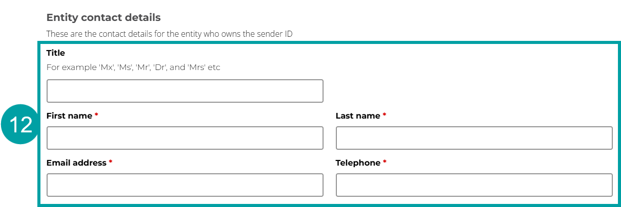 Screenshot of the Entity contact details form with the Title, First name, Last name, Email address and Telephone fields all numbered 12.