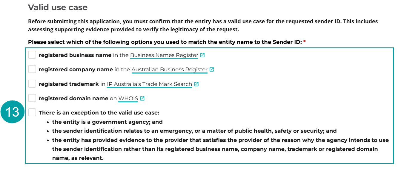 Screenshot of the valid use case form with the 5 options all numbered 13.