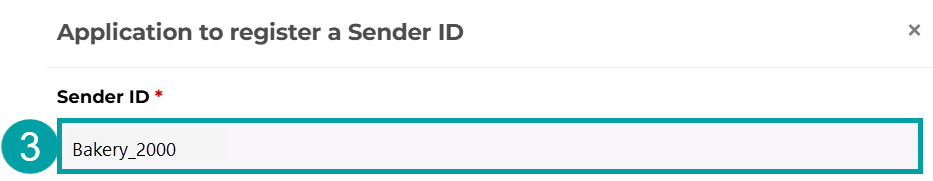 Screenshot of the application to register a sender ID form with the Sender ID field numbered 3.
